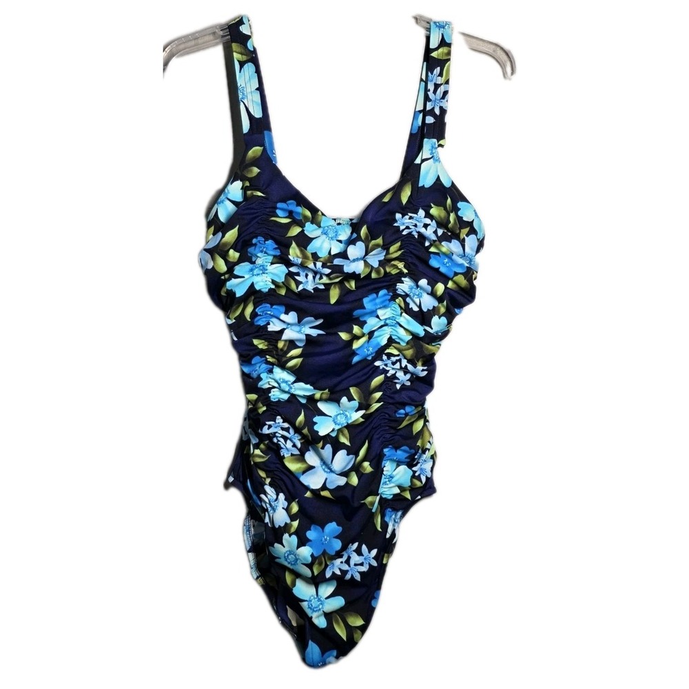 LANDS END Slender 1-Piece Size 18 Long Swimsuit Mold Cups Tiered Pleat Floral